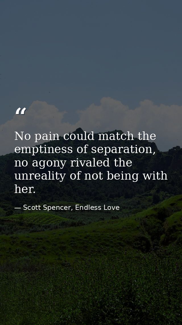 No pain could match the emptiness of separation, no agony rivaled the unreality of not being with her. — Scott Spencer, Endless Love