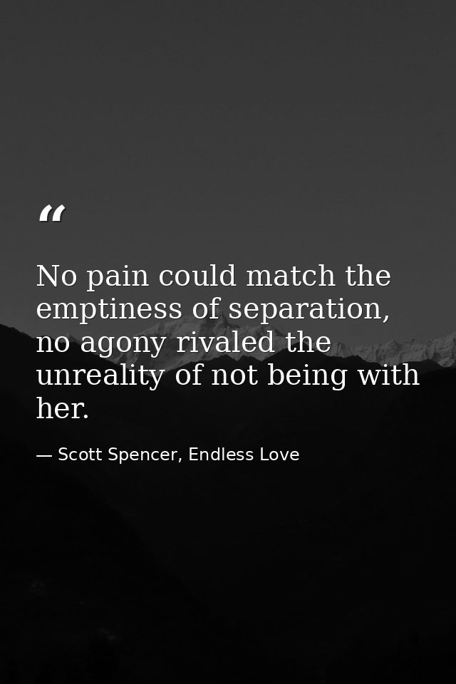 No pain could match the emptiness of separation, no agony rivaled the unreality of not being with her. — Scott Spencer, Endless Love