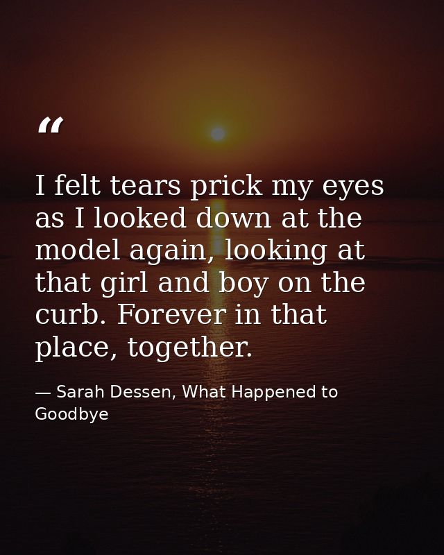 I felt tears prick my eyes as I looked down at the model again, looking at that girl and boy on the curb. Forever in tha — Sarah Dessen, What Happened to Goodbye
