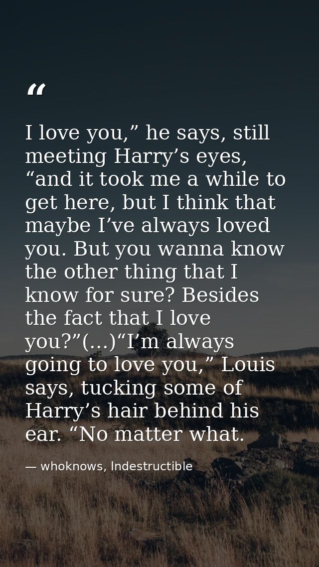I love you,” he says, still meeting Harry’s eyes, “and it took me a while to get here, but I think that maybe I’ve alway — whoknows, Indestructible