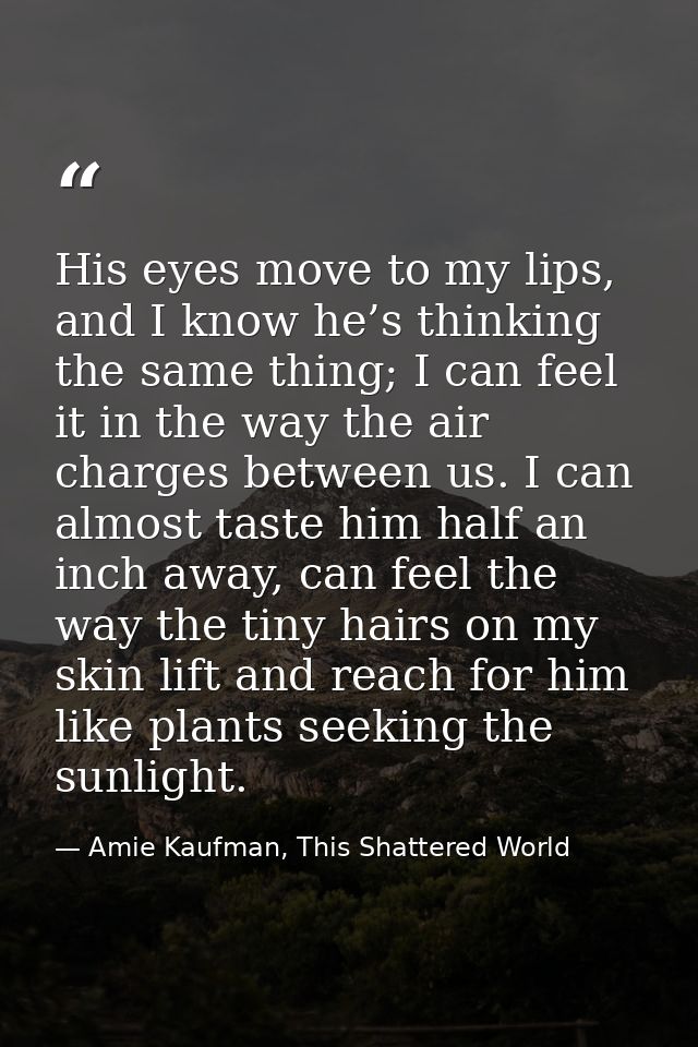 His eyes move to my lips, and I know he’s thinking the same thing; I can feel it in the way the air charges between us.  — Amie Kaufman, This Shattered World