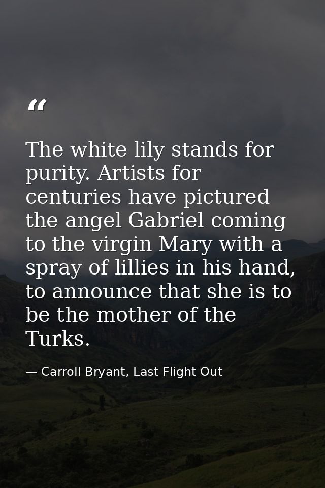 The white lily stands for purity. Artists for centuries have pictured the angel Gabriel coming to the virgin Mary with a — Carroll Bryant, Last Flight Out
