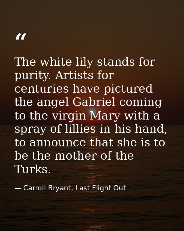 The white lily stands for purity. Artists for centuries have pictured the angel Gabriel coming to the virgin Mary with a — Carroll Bryant, Last Flight Out