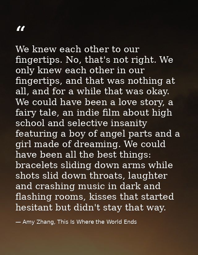 We knew each other to our fingertips. No, that's not right. We only knew each other in our fingertips, and that was noth — Amy Zhang, This Is Where the World Ends