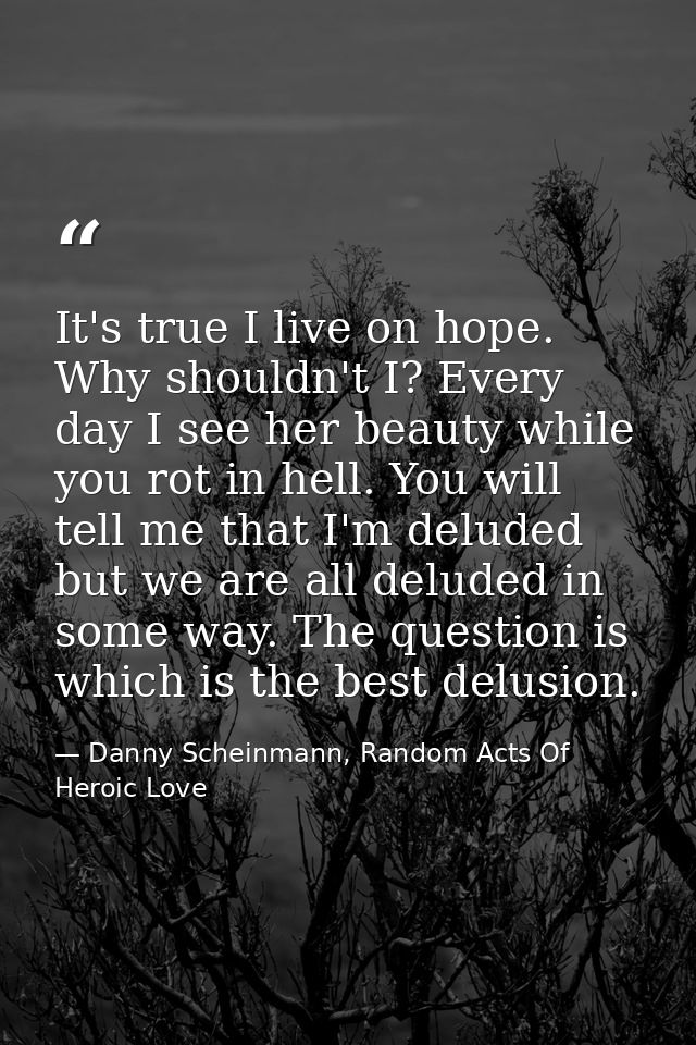 It's true I live on hope. Why shouldn't I? Every day I see her beauty while you rot in hell. You will tell me that I'm d — Danny Scheinmann, Random Acts Of Heroic Love