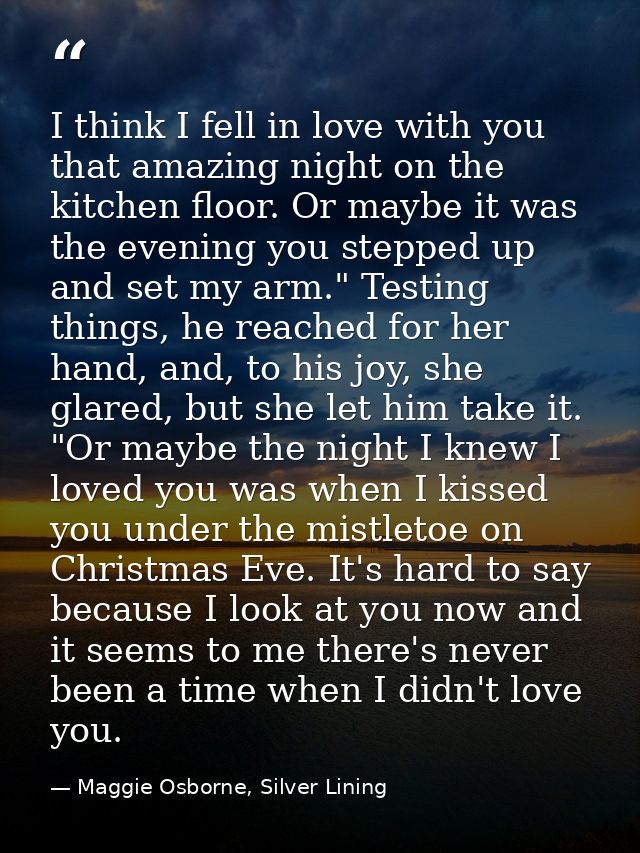 I think I fell in love with you that amazing night on the kitchen floor. Or maybe it was the evening you stepped up and  — Maggie Osborne, Silver Lining