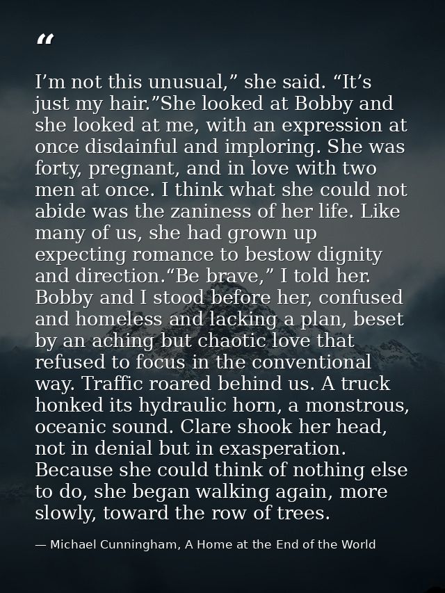 I’m not this unusual,” she said. “It’s just my hair.”She looked at Bobby and she looked at me, with an expression at onc — Michael Cunningham, A Home at the End of the World