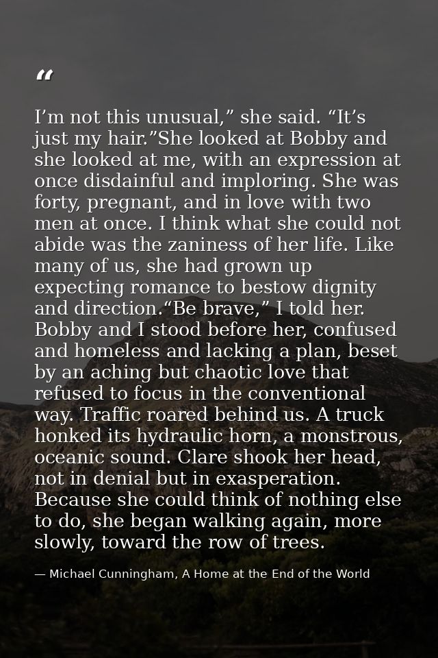 I’m not this unusual,” she said. “It’s just my hair.”She looked at Bobby and she looked at me, with an expression at onc — Michael Cunningham, A Home at the End of the World