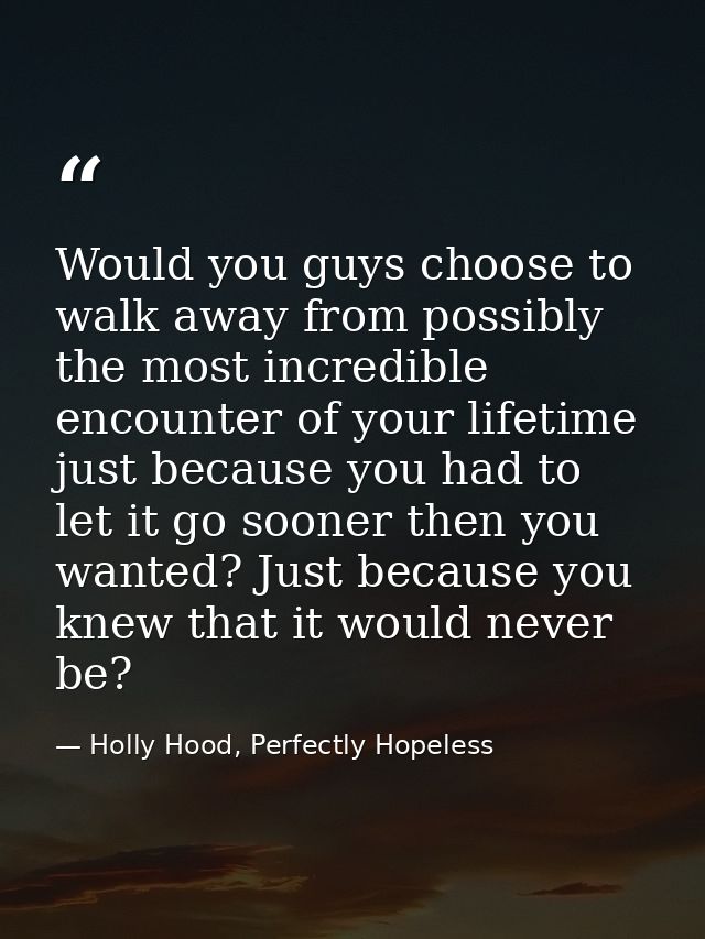 Would you guys choose to walk away from possibly the most incredible encounter of your lifetime just because you had to  — Holly Hood, Perfectly Hopeless