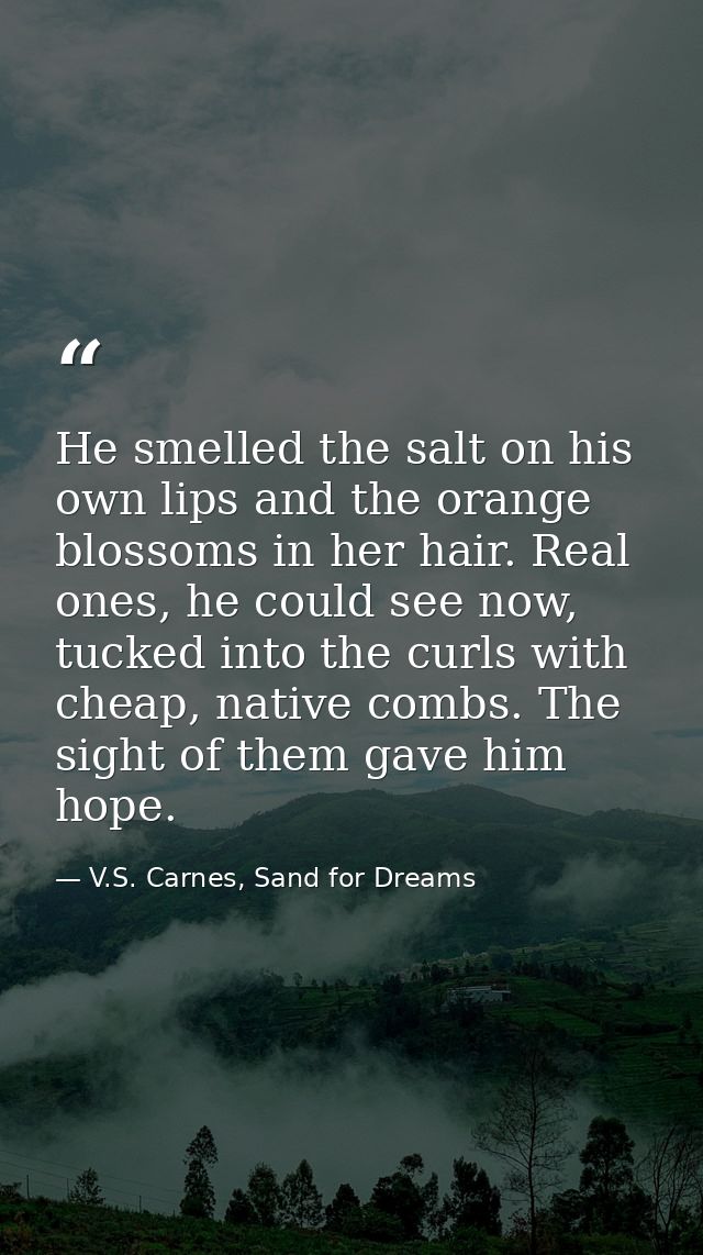 He smelled the salt on his own lips and the orange blossoms in her hair. Real ones, he could see now, tucked into the cu — V.S. Carnes, Sand for Dreams
