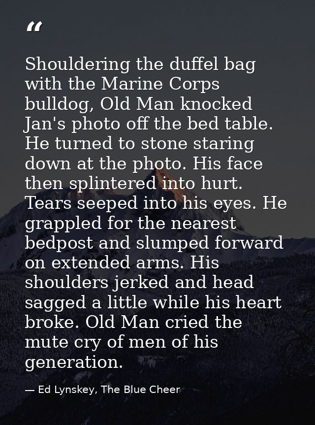Shouldering the duffel bag with the Marine Corps bulldog, Old Man knocked Jan's photo off the bed table. He turned to st — Ed Lynskey, The Blue Cheer