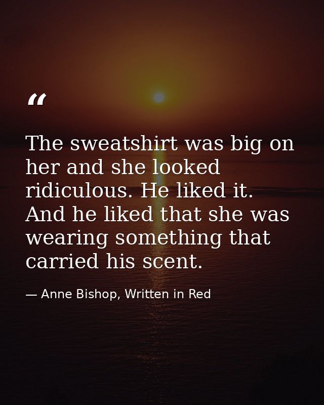 The sweatshirt was big on her and she looked ridiculous. He liked it. And he liked that she was wearing something that c — Anne Bishop, Written in Red
