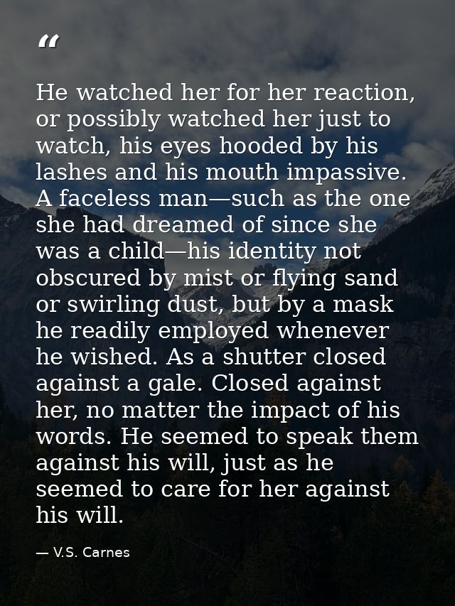 He watched her for her reaction, or possibly watched her just to watch, his eyes hooded by his lashes and his mouth impa — V.S. Carnes
