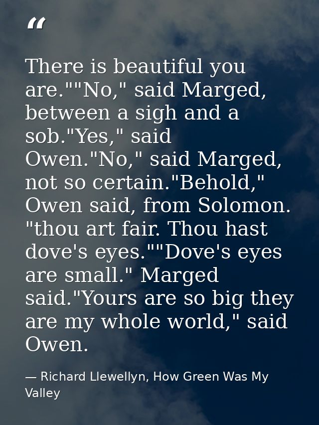 There is beautiful you are.""No," said Marged, between a sigh and a sob."Yes," said Owen."No," said Marged, not so certa — Richard Llewellyn, How Green Was My Valley