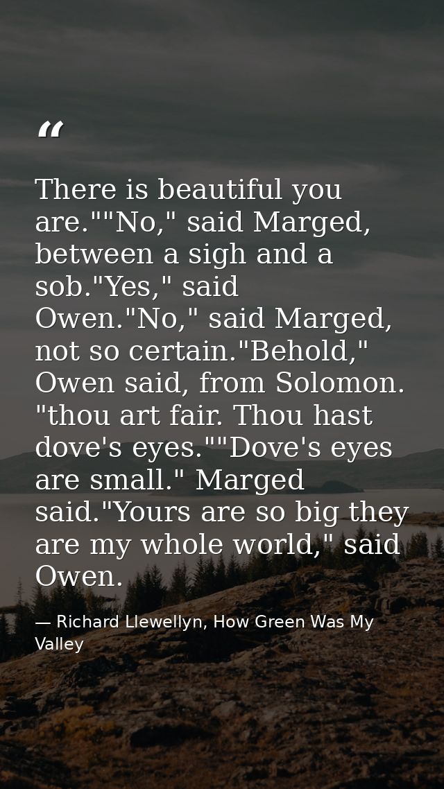 There is beautiful you are.""No," said Marged, between a sigh and a sob."Yes," said Owen."No," said Marged, not so certa — Richard Llewellyn, How Green Was My Valley