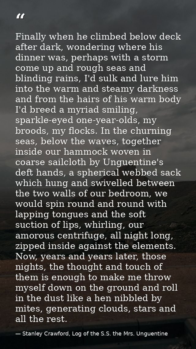 Finally when he climbed below deck after dark, wondering where his dinner was, perhaps with a storm come up and rough se — Stanley Crawford, Log of the S.S. the Mrs. Unguentine