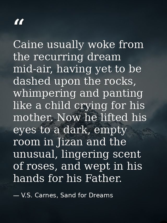 Caine usually woke from the recurring dream mid-air, having yet to be dashed upon the rocks, whimpering and panting like — V.S. Carnes, Sand for Dreams