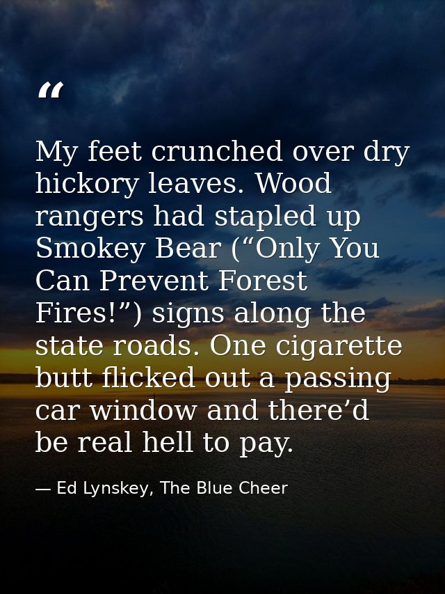 My feet crunched over dry hickory leaves. Wood rangers had stapled up Smokey Bear (“Only You Can Prevent Forest Fires!”) — Ed Lynskey, The Blue Cheer
