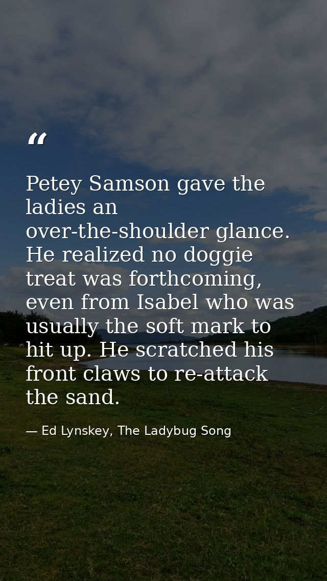 Petey Samson gave the ladies an over-the-shoulder glance. He realized no doggie treat was forthcoming, even from Isabel  — Ed Lynskey, The Ladybug Song
