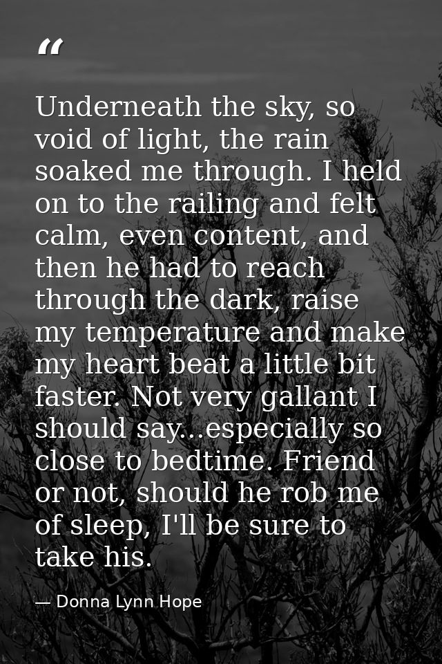 Underneath the sky, so void of light, the rain soaked me through. I held on to the railing and felt calm, even content,  — Donna Lynn Hope