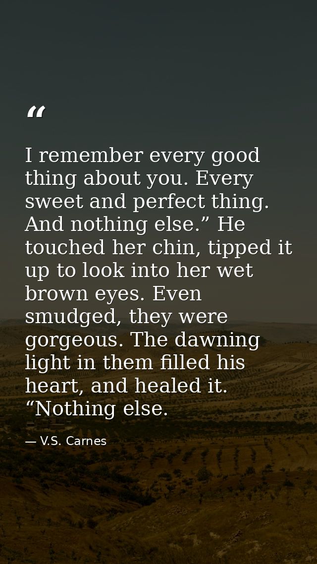 I remember every good thing about you. Every sweet and perfect thing. And nothing else.” He touched her chin, tipped it  — V.S. Carnes