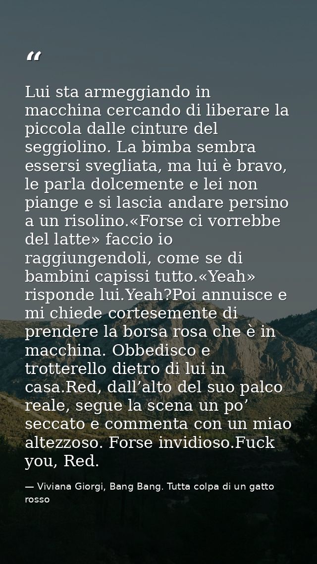 Lui sta armeggiando in macchina cercando di liberare la piccola dalle cinture del seggiolino. La bimba sembra essersi sv — Viviana Giorgi, Bang Bang. Tutta colpa di un gatto rosso