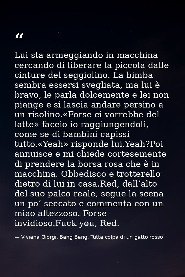 Lui sta armeggiando in macchina cercando di liberare la piccola dalle cinture del seggiolino. La bimba sembra essersi sv — Viviana Giorgi, Bang Bang. Tutta colpa di un gatto rosso