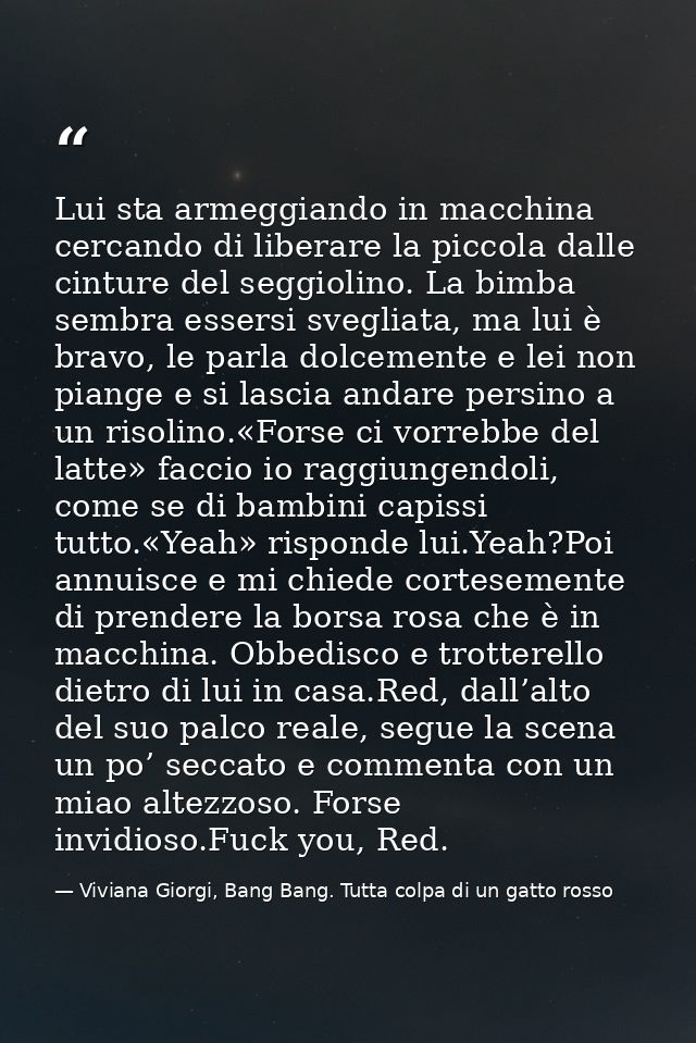 Lui sta armeggiando in macchina cercando di liberare la piccola dalle cinture del seggiolino. La bimba sembra essersi sv — Viviana Giorgi, Bang Bang. Tutta colpa di un gatto rosso