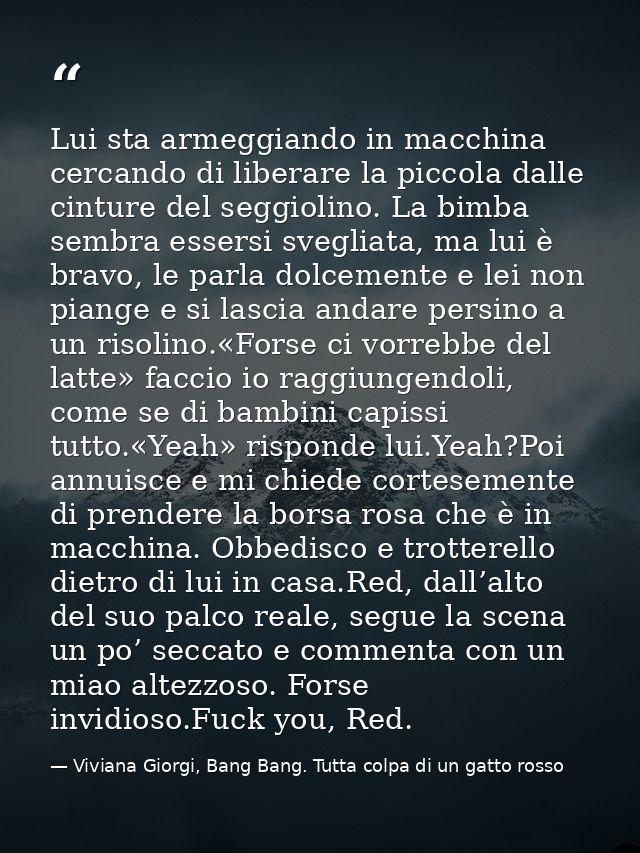 Lui sta armeggiando in macchina cercando di liberare la piccola dalle cinture del seggiolino. La bimba sembra essersi sv — Viviana Giorgi, Bang Bang. Tutta colpa di un gatto rosso