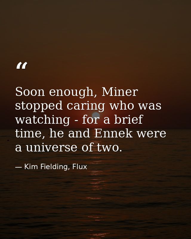 Soon enough, Miner stopped caring who was watching - for a brief time, he and Ennek were a universe of two. — Kim Fielding, Flux