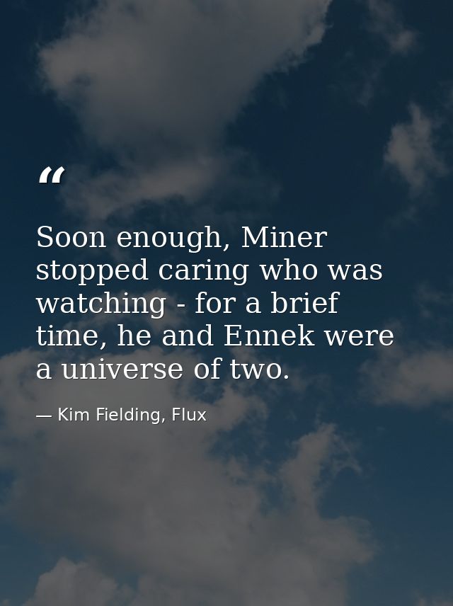 Soon enough, Miner stopped caring who was watching - for a brief time, he and Ennek were a universe of two. — Kim Fielding, Flux