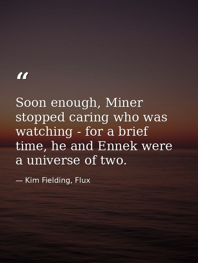 Soon enough, Miner stopped caring who was watching - for a brief time, he and Ennek were a universe of two. — Kim Fielding, Flux