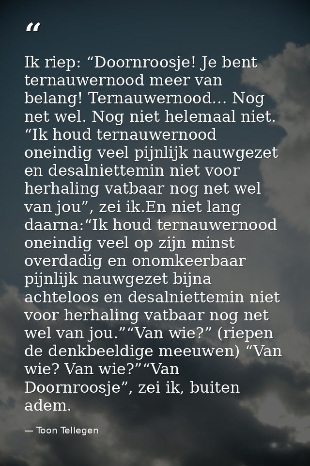 Ik riep: “Doornroosje! Je bent ternauwernood meer van belang! Ternauwernood… Nog net wel. Nog niet helemaal niet. “Ik ho — Toon Tellegen
