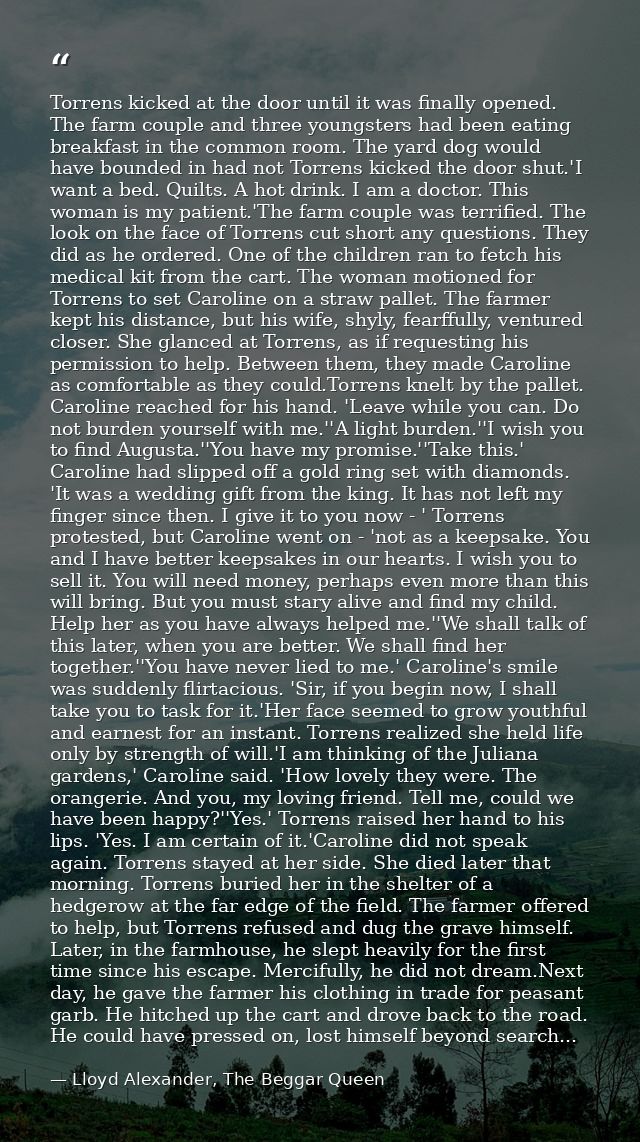 Torrens kicked at the door until it was finally opened. The farm couple and three youngsters had been eating breakfast i — Lloyd Alexander, The Beggar Queen