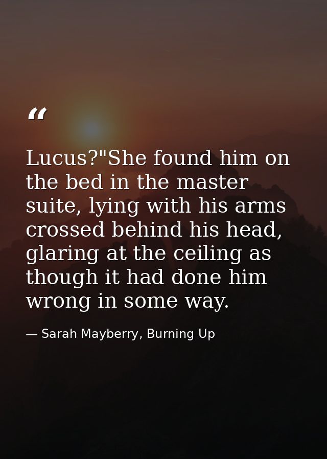 Lucus?"She found him on the bed in the master suite, lying with his arms crossed behind his head, glaring at the ceiling — Sarah Mayberry, Burning Up