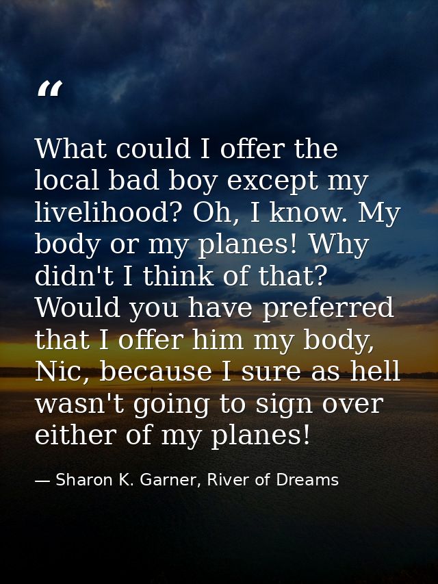 What could I offer the local bad boy except my livelihood? Oh, I know. My body or my planes! Why didn't I think of that? — Sharon K. Garner, River of Dreams