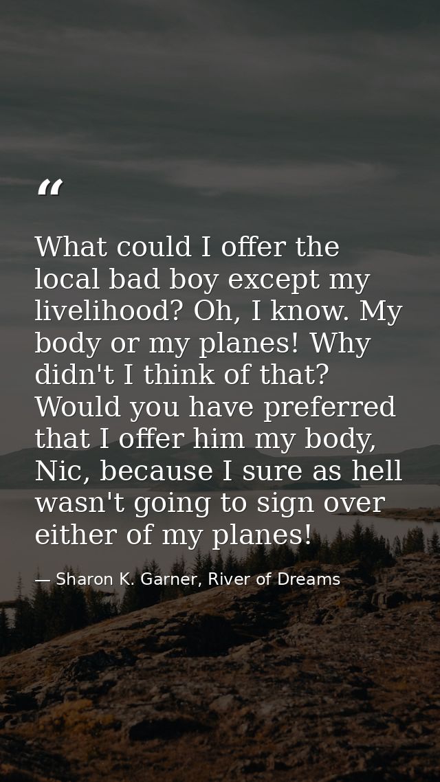 What could I offer the local bad boy except my livelihood? Oh, I know. My body or my planes! Why didn't I think of that? — Sharon K. Garner, River of Dreams