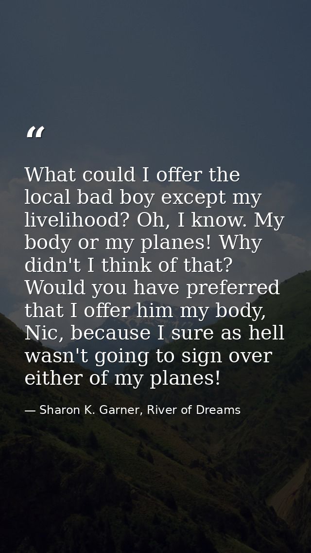 What could I offer the local bad boy except my livelihood? Oh, I know. My body or my planes! Why didn't I think of that? — Sharon K. Garner, River of Dreams