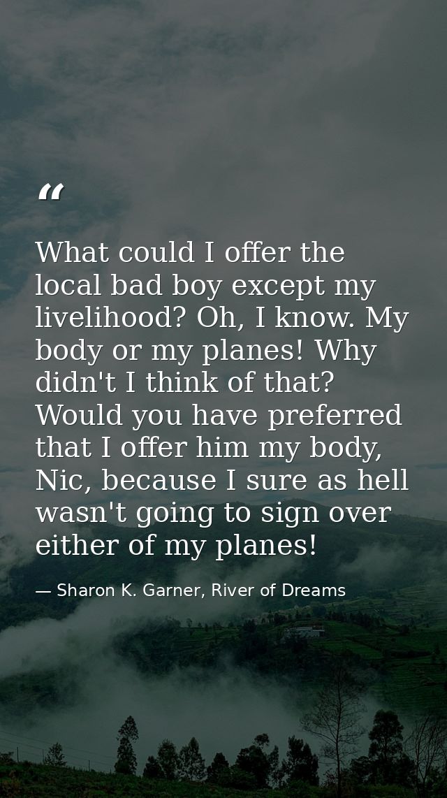 What could I offer the local bad boy except my livelihood? Oh, I know. My body or my planes! Why didn't I think of that? — Sharon K. Garner, River of Dreams