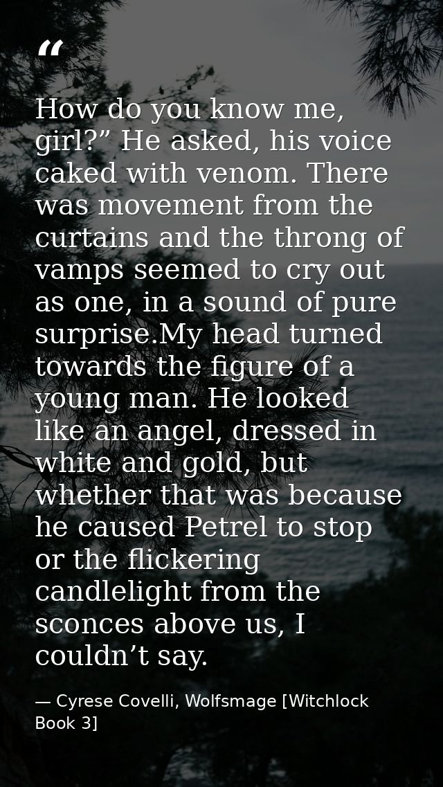 How do you know me, girl?” He asked, his voice caked with venom. There was movement from the curtains and the throng of  — Cyrese Covelli, Wolfsmage [Witchlock Book 3]