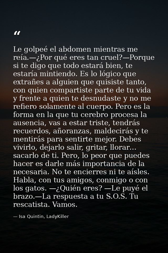 Le golpeé el abdomen mientras me reía.—¿Por qué eres tan cruel?—Porque si te digo que todo estará bien, te estaría minti — Isa Quintin, LadyKiller