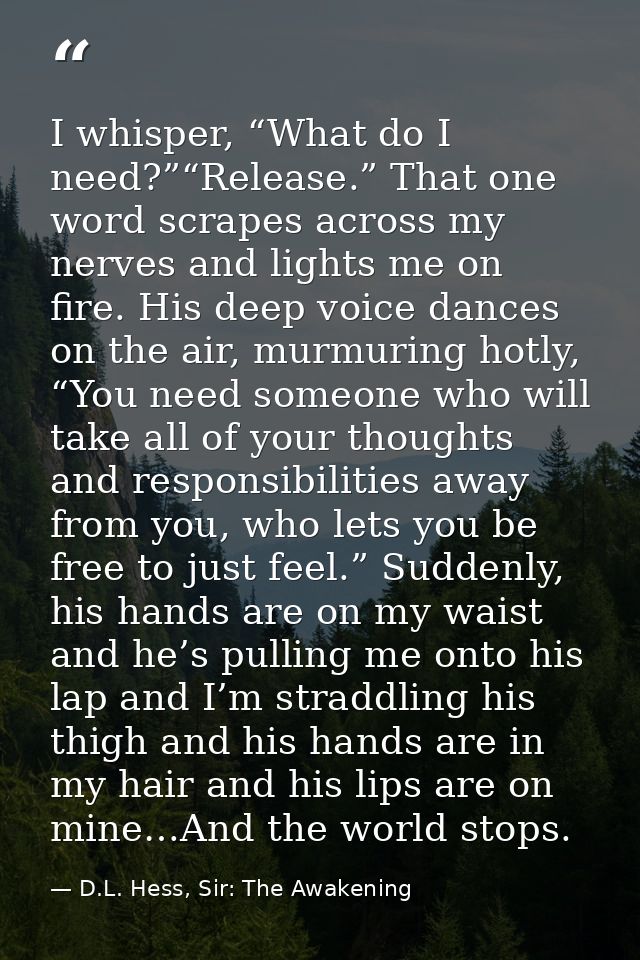 I whisper, “What do I need?”“Release.” That one word scrapes across my nerves and lights me on fire. His deep voice danc — D.L. Hess, Sir: The Awakening