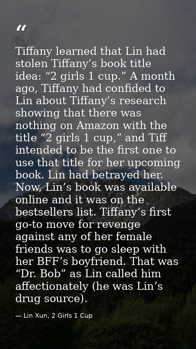 Tiffany learned that Lin had stolen Tiffany’s book title idea: “2 girls 1 cup.” A month ago, Tiffany had confided to Lin — Lin Xun, 2 Girls 1 Cup