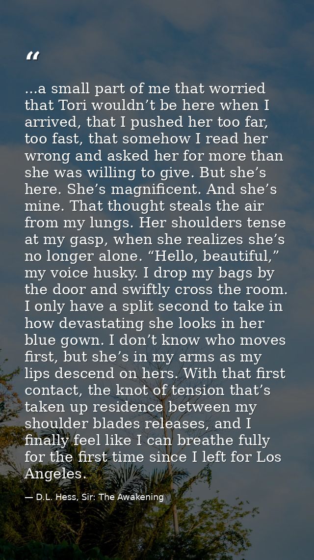 ...a small part of me that worried that Tori wouldn’t be here when I arrived, that I pushed her too far, too fast, that  — D.L. Hess, Sir: The Awakening