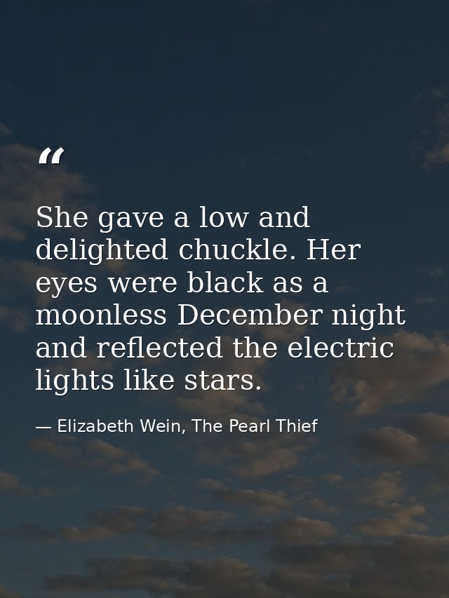 She gave a low and delighted chuckle. Her eyes were black as a moonless December night and reflected the electric lights — Elizabeth Wein, The Pearl Thief