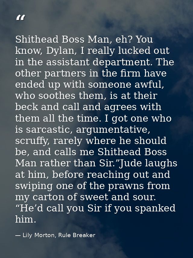 Shithead Boss Man, eh? You know, Dylan, I really lucked out in the assistant department. The other partners in the firm  — Lily Morton, Rule Breaker