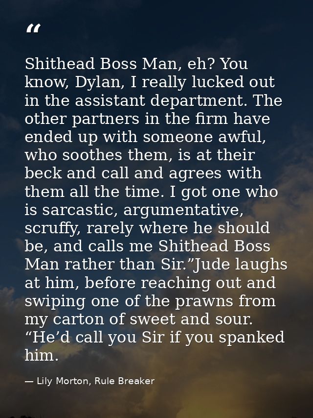Shithead Boss Man, eh? You know, Dylan, I really lucked out in the assistant department. The other partners in the firm  — Lily Morton, Rule Breaker