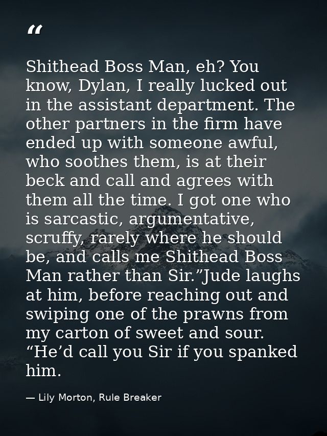 Shithead Boss Man, eh? You know, Dylan, I really lucked out in the assistant department. The other partners in the firm  — Lily Morton, Rule Breaker