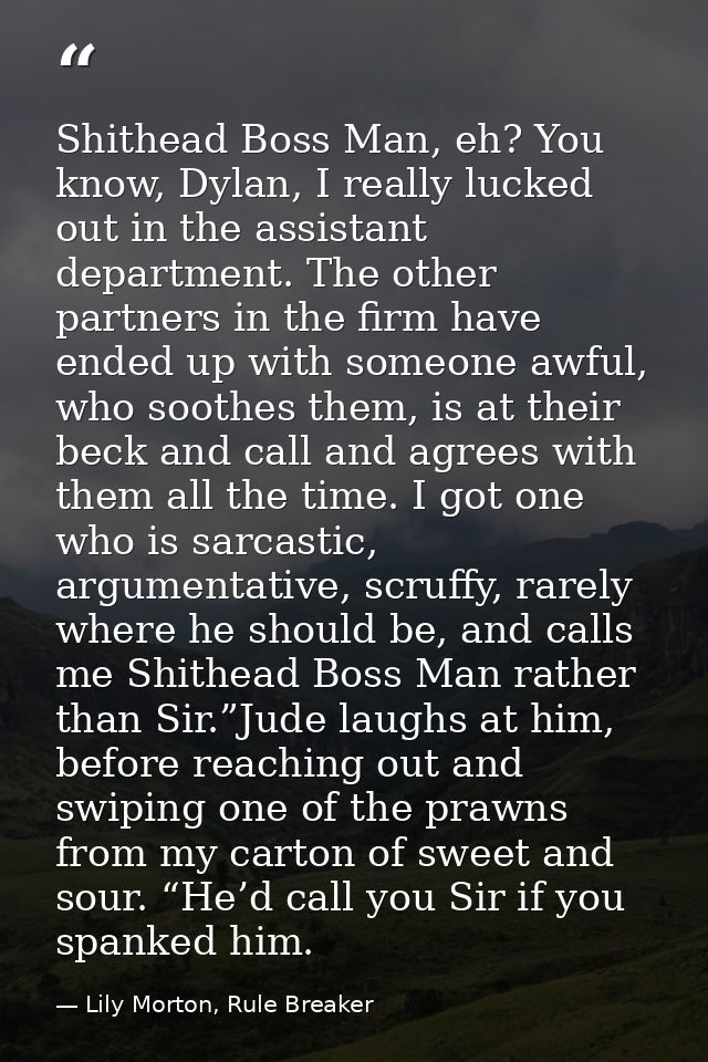 Shithead Boss Man, eh? You know, Dylan, I really lucked out in the assistant department. The other partners in the firm  — Lily Morton, Rule Breaker