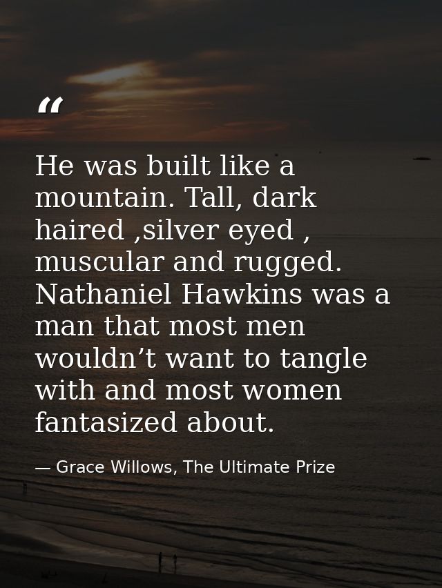 He was built like a mountain. Tall, dark haired ,silver eyed , muscular and rugged. Nathaniel Hawkins was a man that mos — Grace Willows, The Ultimate Prize